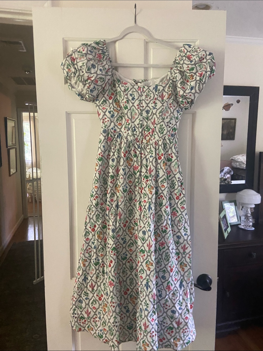 Moon River White Puff-Sleeve Floral Cotton Dress with Multi-Color Print